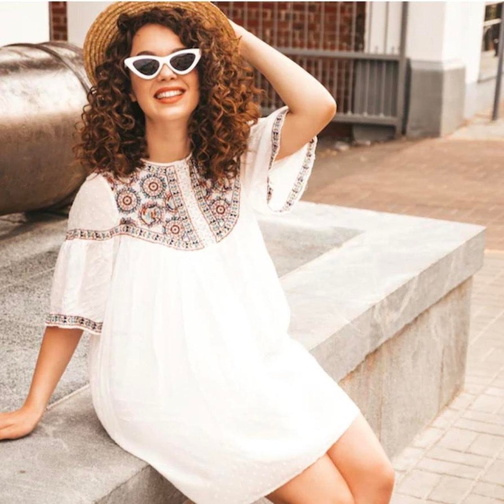 trf Collection white boho dress with embroidered details.